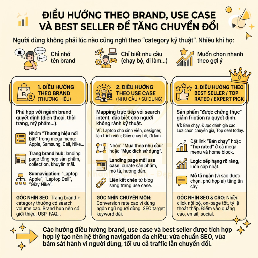 Infographic điều hướng theo brand use case và best seller để tăng chuyển đổi trong marketing SEO
