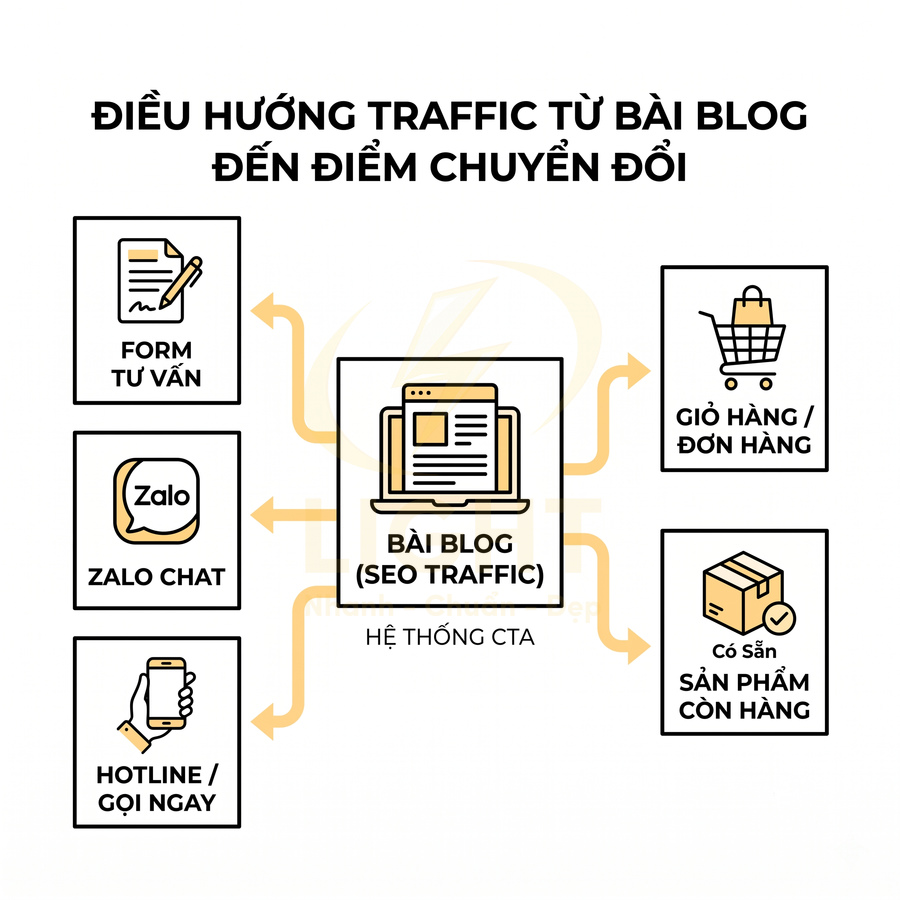 Sơ đồ điều hướng traffic từ bài blog SEO đến form tư vấn, Zalo chat, hotline, giỏ hàng và kiểm tra tồn kho