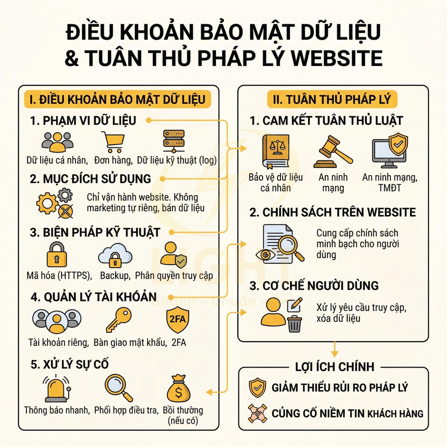 Infographic điều khoản bảo mật dữ liệu và tuân thủ pháp lý website, nêu phạm vi dữ liệu, biện pháp kỹ thuật và quyền người dùng