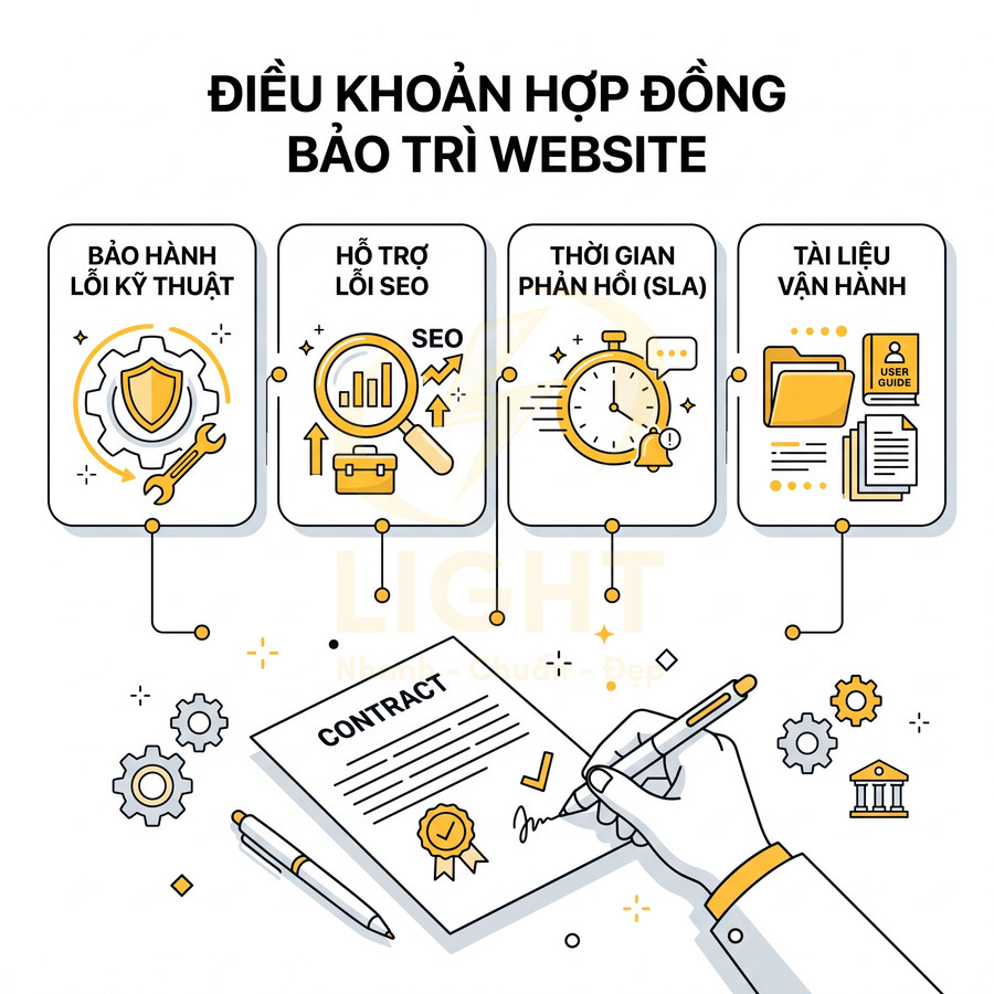 Minh họa điều khoản hợp đồng bảo trì website gồm bảo hành kỹ thuật, hỗ trợ SEO, thời gian phản hồi và tài liệu vận hành