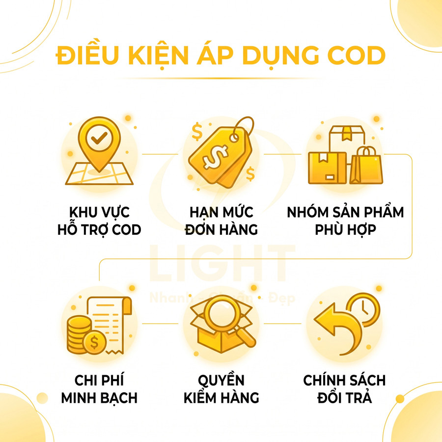 Điều kiện áp dụng COD cho sản phẩm gồm khu vực hỗ trợ, hạn mức đơn hàng, chi phí, kiểm hàng và đổi trả