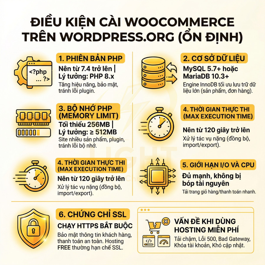 Điều kiện cài WooCommerce ổn định trên WordPress.org với yêu cầu PHP, MySQL, bộ nhớ, SSL và hosting