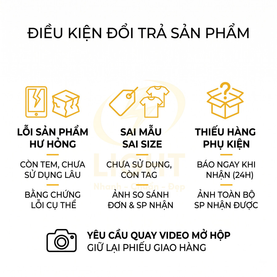 Điều kiện đổi trả sản phẩm thời trang gồm lỗi hư hỏng, sai mẫu size, thiếu phụ kiện và yêu cầu quay video mở hộp