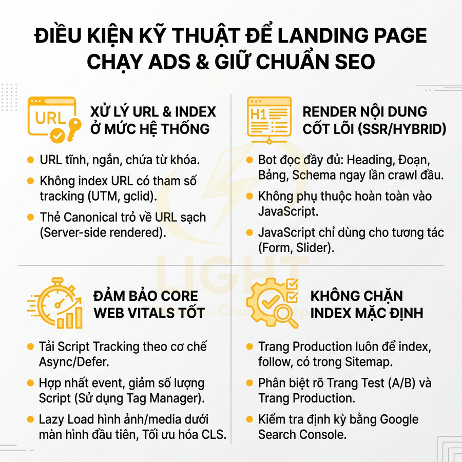 Checklist kỹ thuật tối ưu landing page chạy quảng cáo và chuẩn SEO với URL, core web vitals, index và render nội dung
