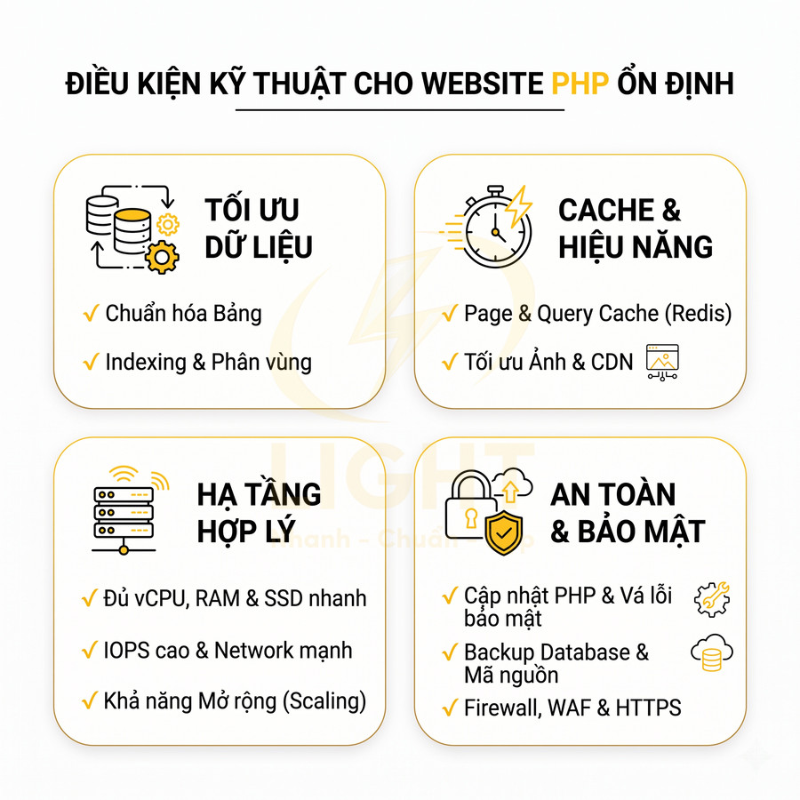 Infographic điều kiện kỹ thuật giúp website PHP ổn định về dữ liệu, cache, hạ tầng, an toàn và bảo mật