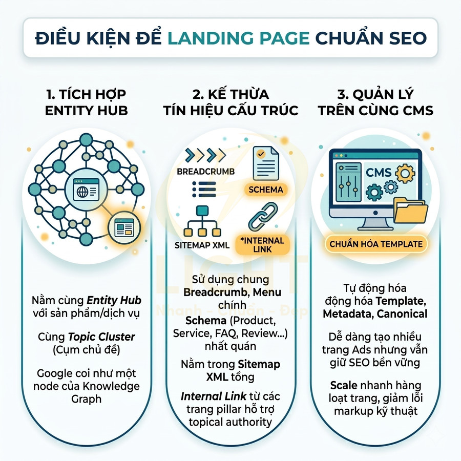 Infographic điều kiện để landing page chuẩn SEO với entity hub, tín hiệu cấu trúc và quản lý trên cùng CMS