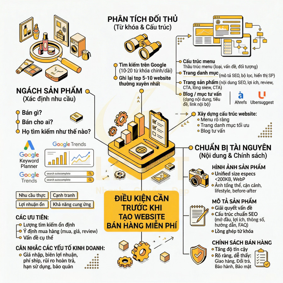 Infographic điều kiện cần trước khi tạo website bán hàng miễn phí, phân tích đối thủ, chọn ngách và chuẩn bị nội dung sản phẩm