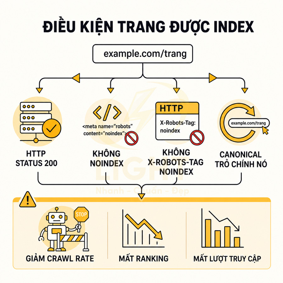 Điều kiện để trang web được index gồm HTTP 200, không noindex, không X Robots Tag noindex và canonical trỏ chính nó