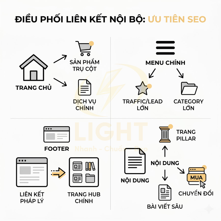 Sơ đồ điều phối liên kết nội bộ website với trang chủ, menu, footer và nội dung tối ưu ưu tiên SEO