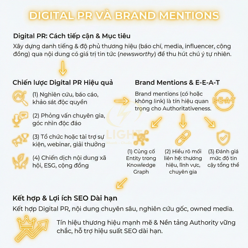 Nội dung hướng dẫn chiến lược Digital PR và brand mentions E-E-A-T để tăng độ uy tín và hiệu quả SEO dài hạn