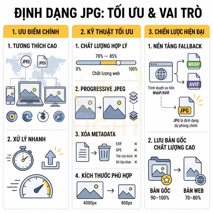 Infographic hướng dẫn tối ưu định dạng JPG cho web với ưu điểm, kỹ thuật nén và chiến lược sử dụng hiện đại
