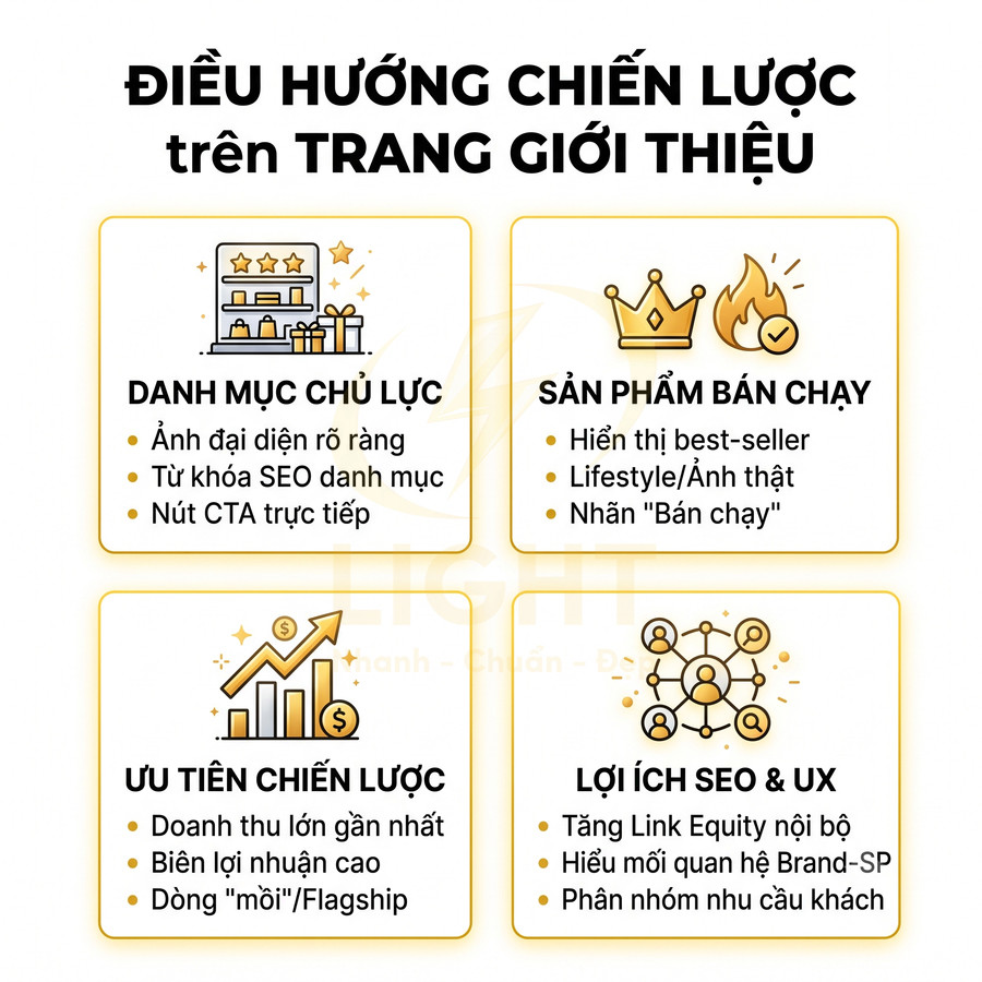 Infographic điều hướng chiến lược trang giới thiệu với danh mục chủ lực, sản phẩm bán chạy, ưu tiên chiến lược, lợi ích SEO UX