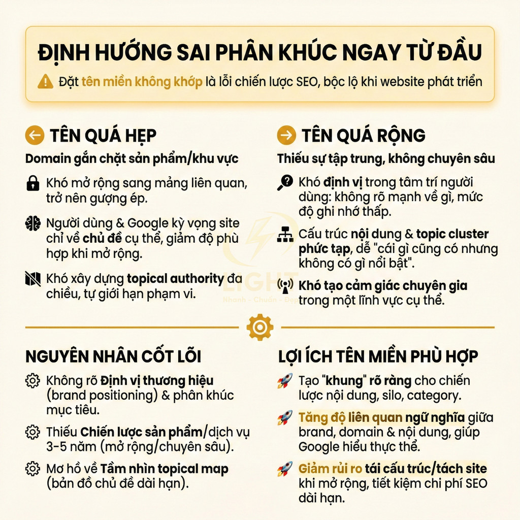 Hướng dẫn chọn tên miền chuẩn SEO, so sánh tên quá hẹp và quá rộng, nêu nguyên nhân và lợi ích tên miền phù hợp