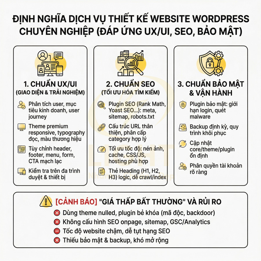 Infographic dịch vụ thiết kế website WordPress chuẩn UX UI, chuẩn SEO, bảo mật và cảnh báo rủi ro giá rẻ