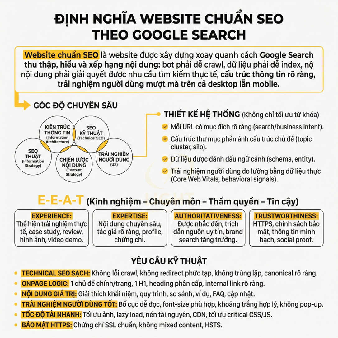 Định nghĩa website chuẩn SEO theo Google Search với các yếu tố E-E-A-T và yêu cầu kỹ thuật tối ưu hóa trang web
