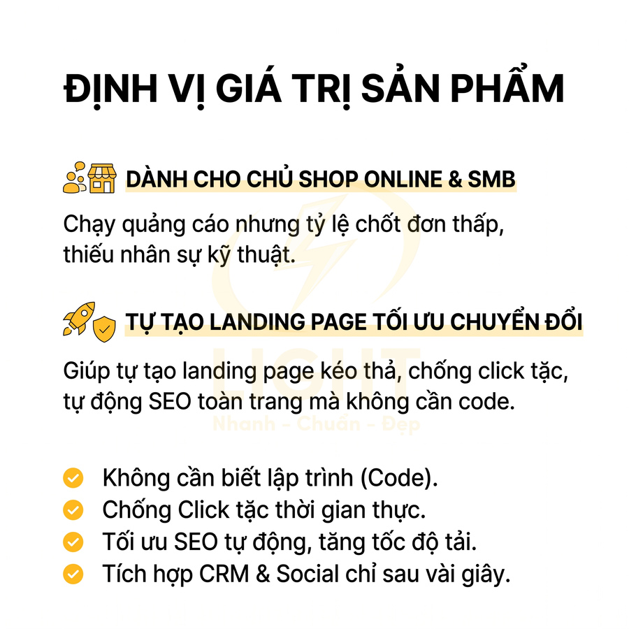 Nội dung giới thiệu sản phẩm tạo landing page cho chủ shop online, tối ưu chuyển đổi và SEO tự động không cần biết code
