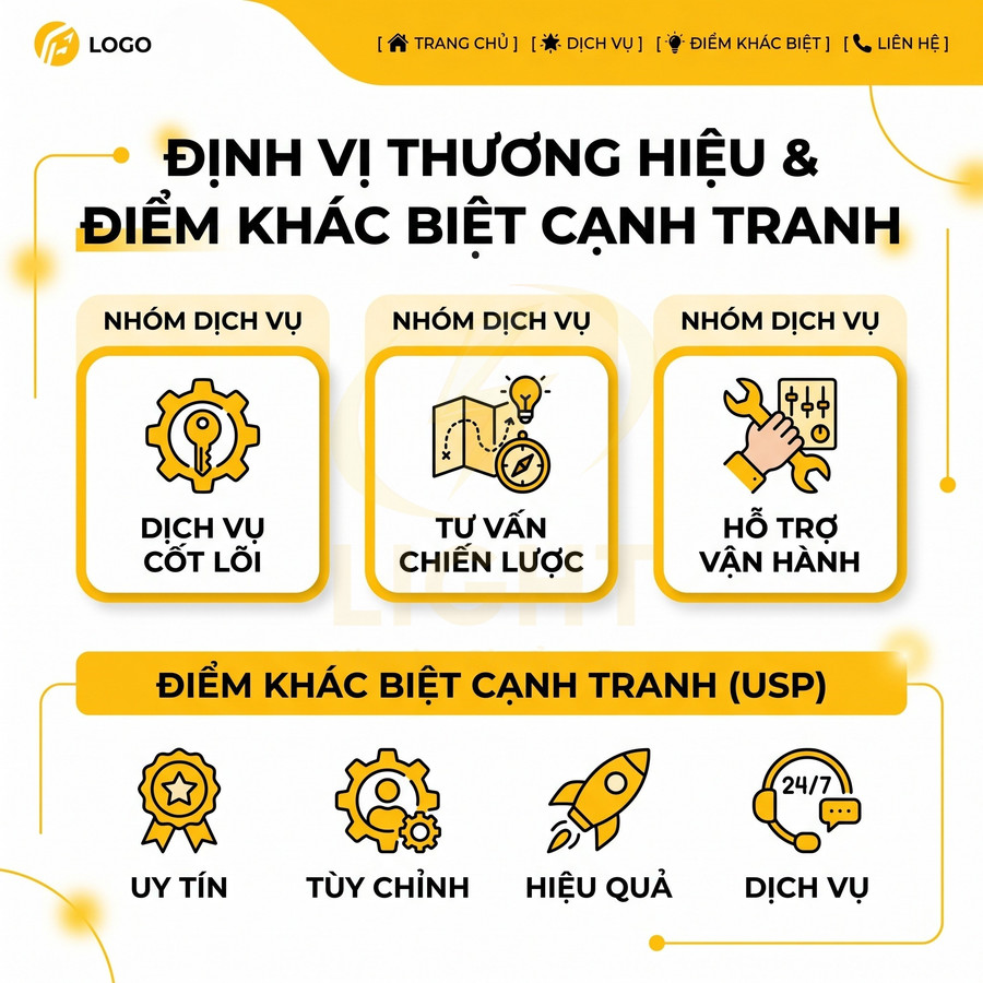 Banner dịch vụ định vị thương hiệu với gói dịch vụ cốt lõi, tư vấn chiến lược, hỗ trợ vận hành và các điểm khác biệt cạnh tranh