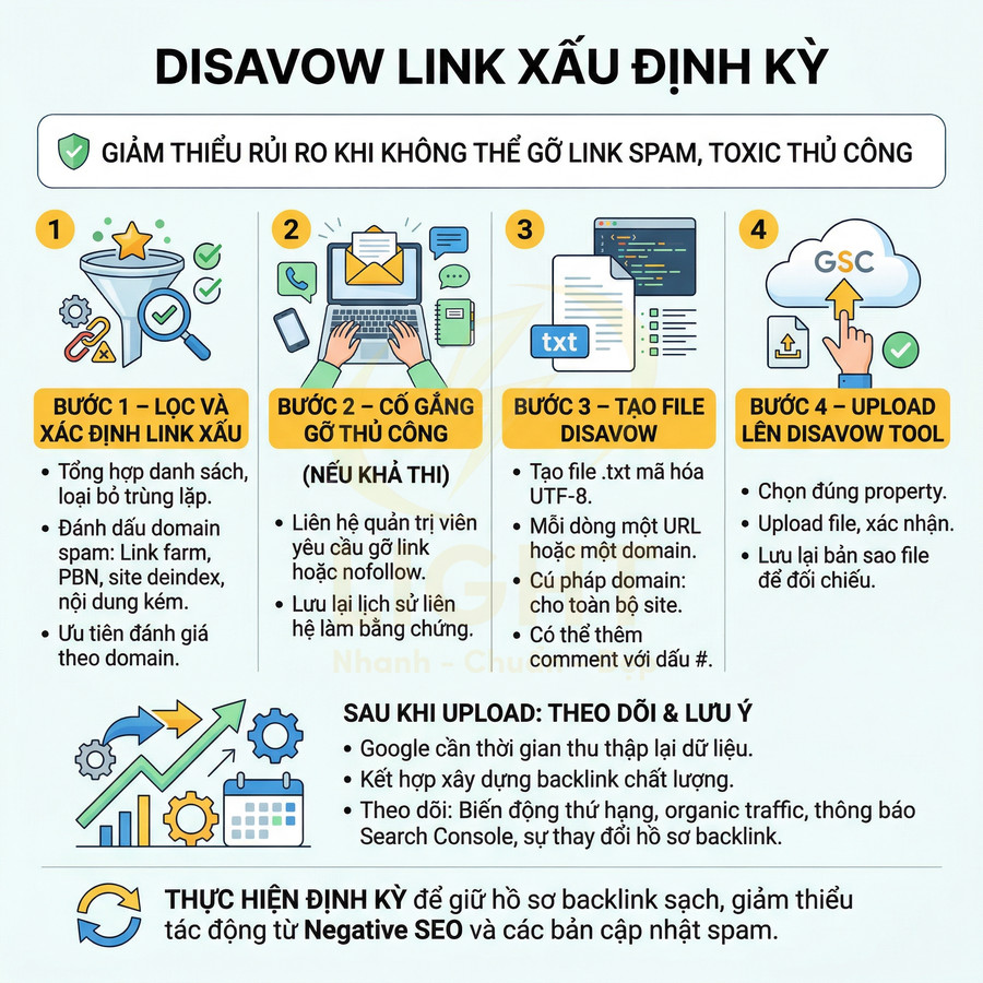 Hướng dẫn disavow link xấu định kỳ với 4 bước lọc link, tạo file disavow và upload lên Google Disavow Tool