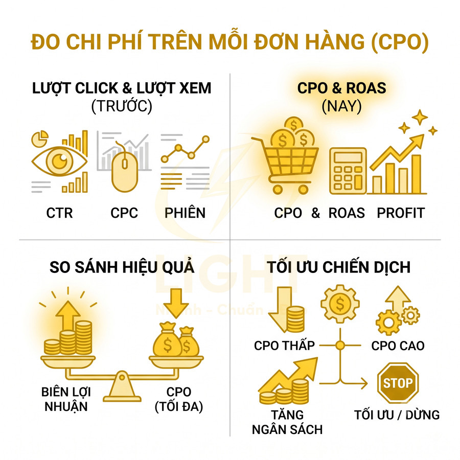 Minh họa đo chi phí trên mỗi đơn hàng CPO và tối ưu chiến dịch quảng cáo online