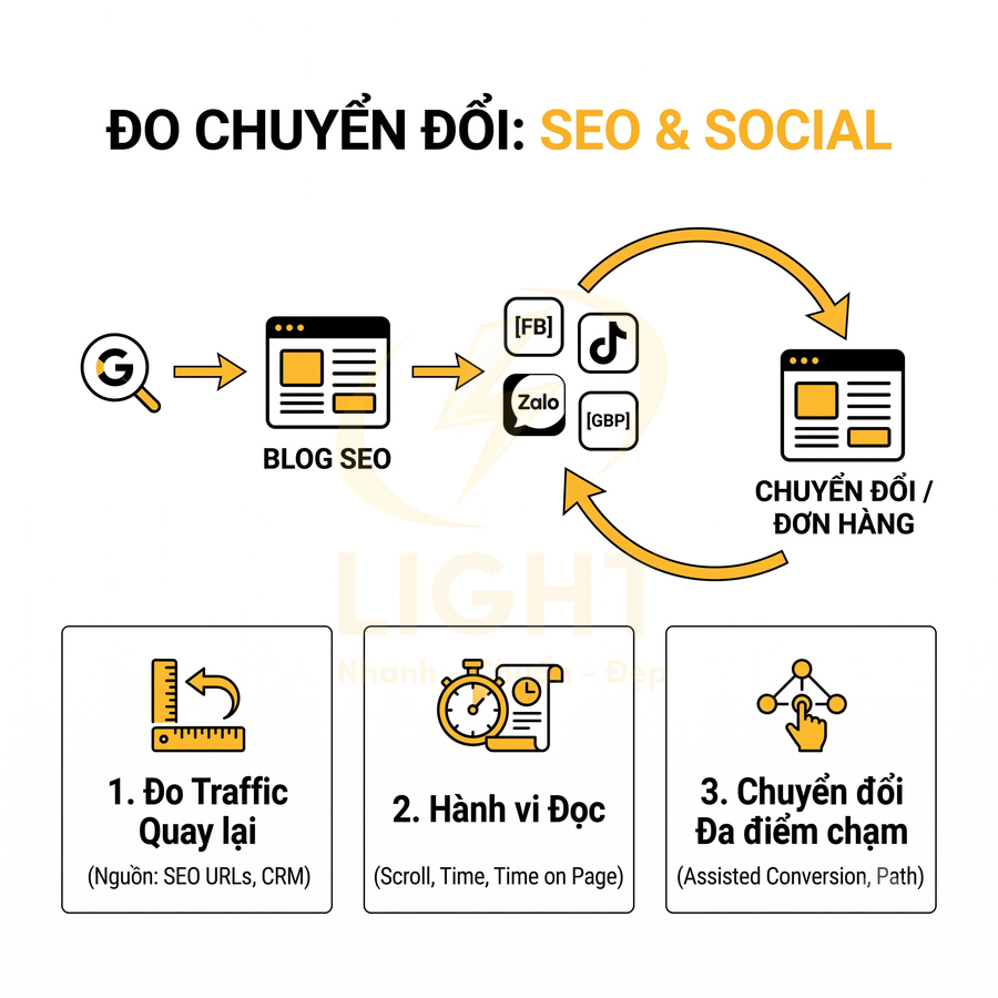 Sơ đồ đo chuyển đổi SEO và social từ blog SEO đến mạng xã hội và đơn hàng, gồm các bước traffic, hành vi đọc, đa điểm chạm