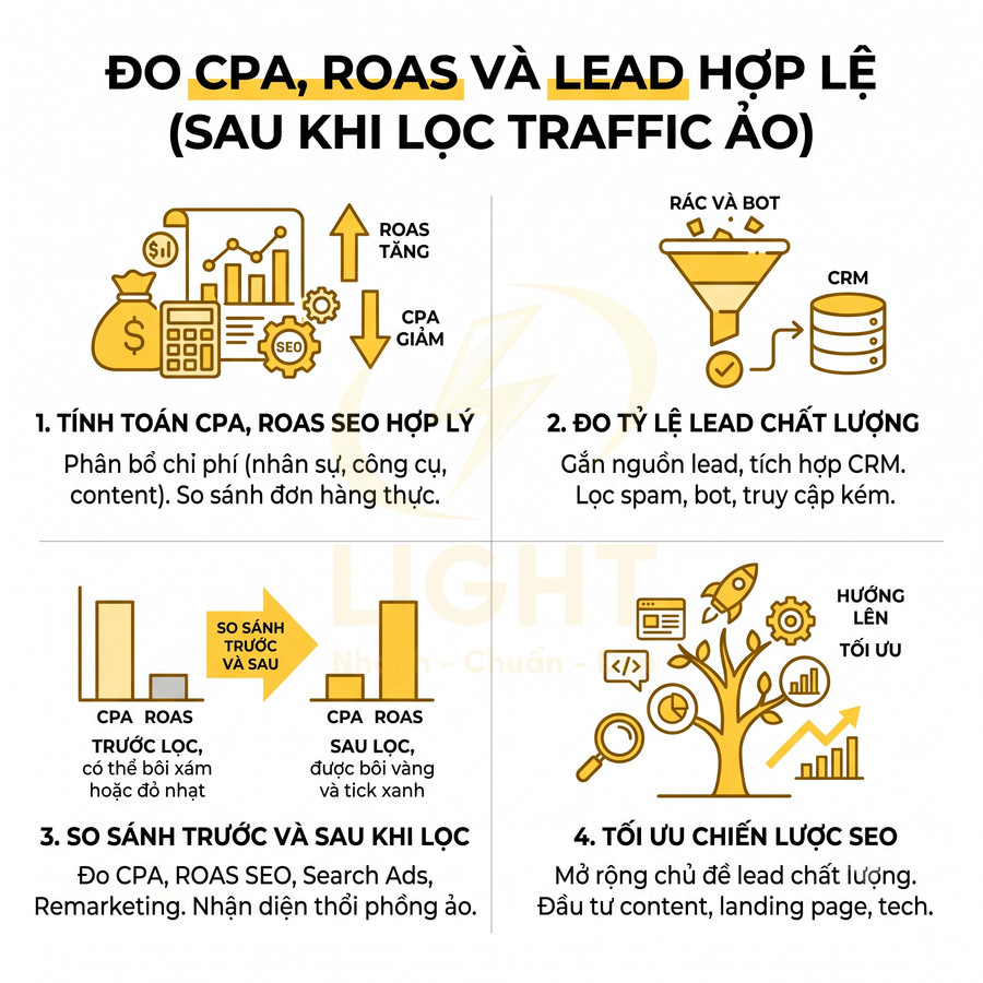 Infographic đo CPA ROAS và lead hợp lệ sau khi lọc traffic ảo và tối ưu chiến lược SEO