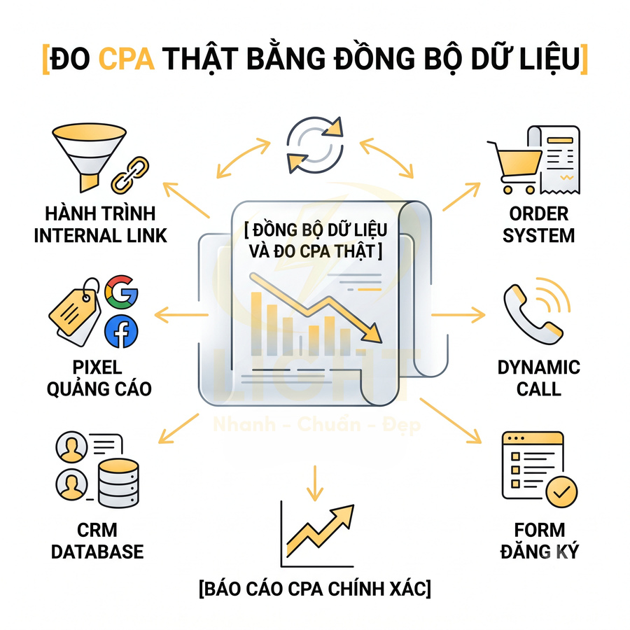 Sơ đồ giải pháp đo CPA thật bằng đồng bộ dữ liệu từ pixel quảng cáo, CRM, đơn hàng, cuộc gọi và form đăng ký