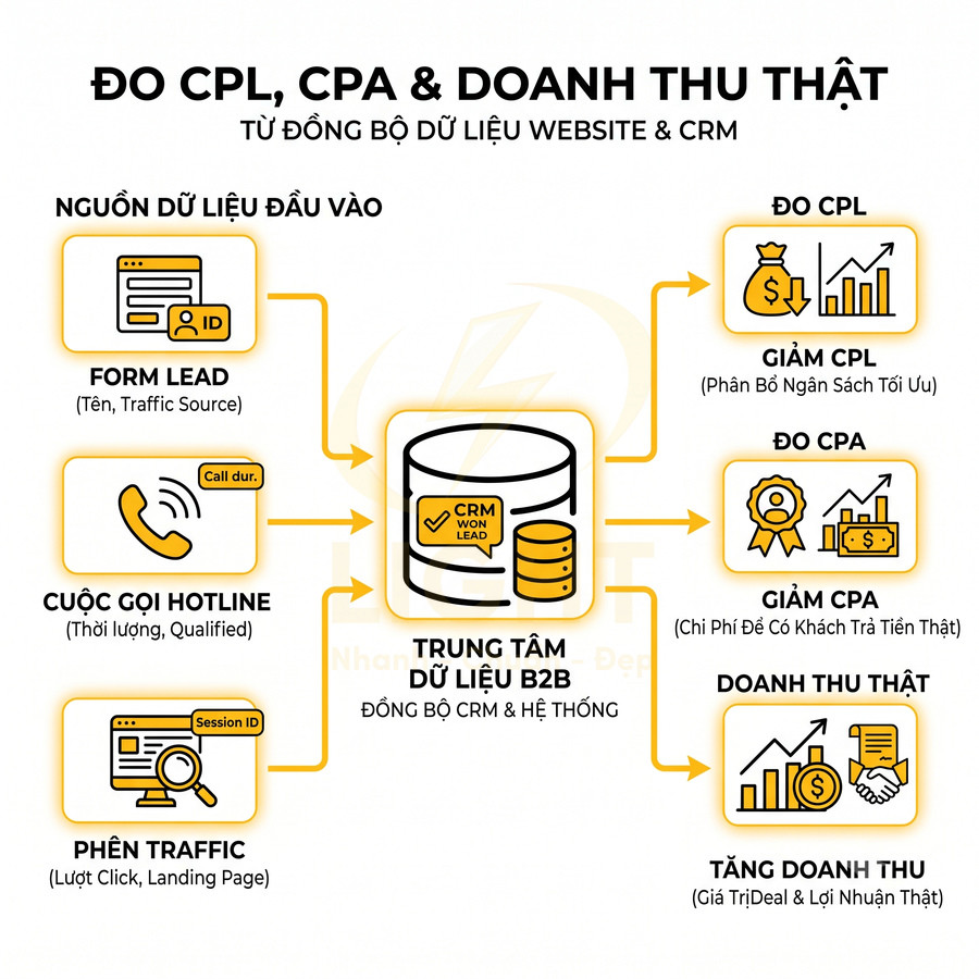 Sơ đồ đo CPL CPA và doanh thu thật từ đồng bộ dữ liệu website và CRM cho trung tâm dữ liệu B2B