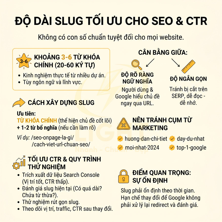 Hướng dẫn tối ưu độ dài slug cho SEO và CTR, cách xây dựng slug rõ nghĩa, ngắn gọn và tránh cụm từ marketing