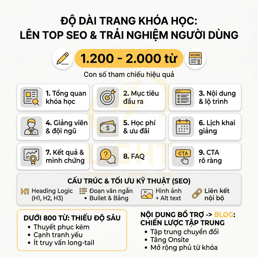 Hướng dẫn độ dài và cấu trúc nội dung trang khóa học chuẩn SEO từ 1200 đến 2000 từ