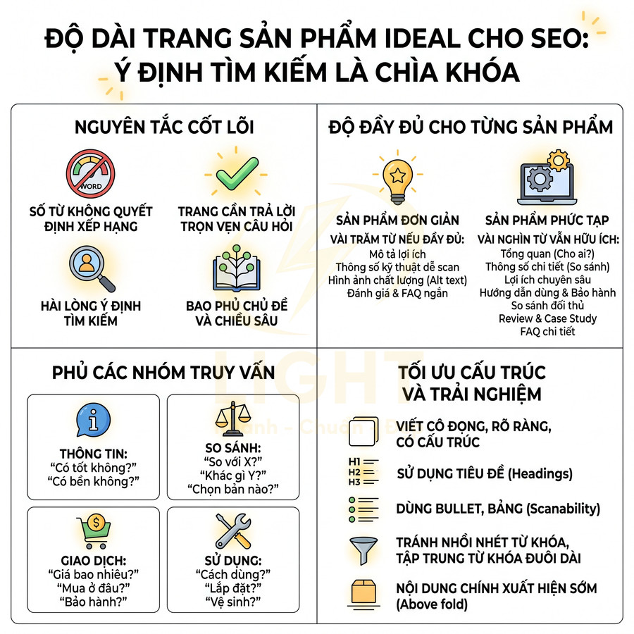 Infographic hướng dẫn tối ưu độ dài trang sản phẩm cho SEO với nguyên tắc cốt lõi, nhóm truy vấn và cấu trúc nội dung