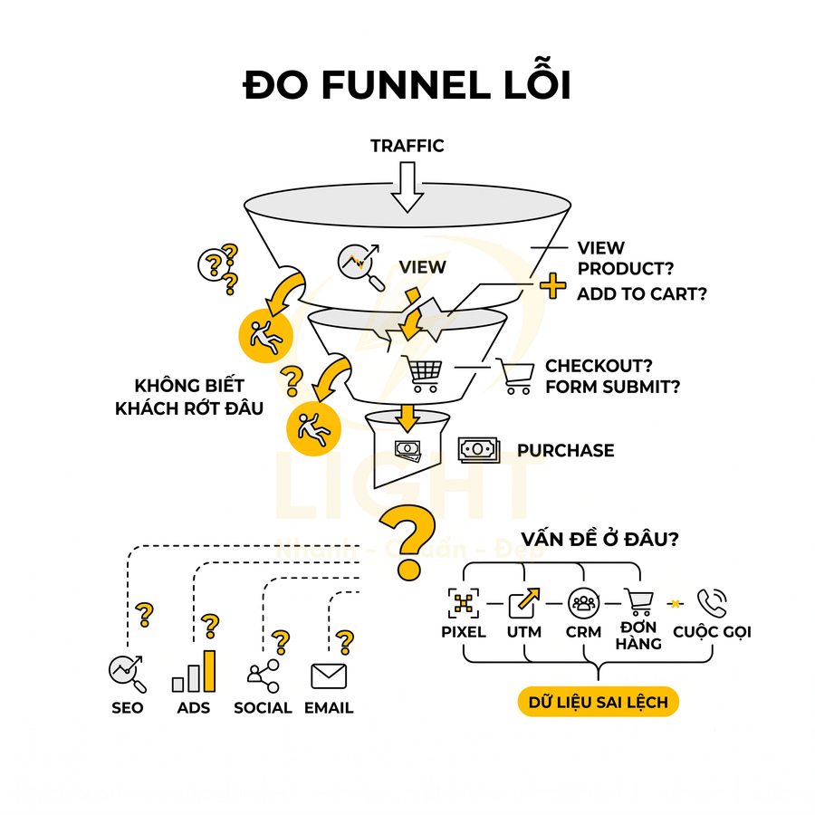Minh họa funnel đo lường lỗi trong marketing online từ traffic đến purchase và các điểm rơi khách hàng