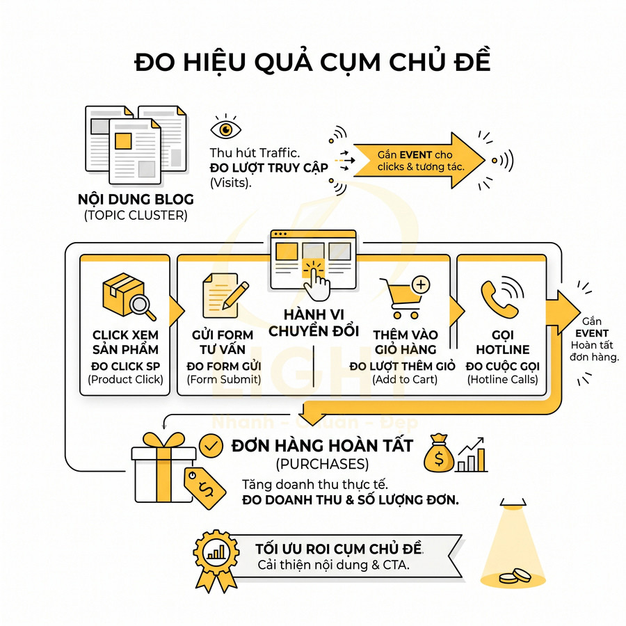 Quy trình đo hiệu quả cụm chủ đề blog đến chuyển đổi đơn hàng và tối ưu ROI marketing