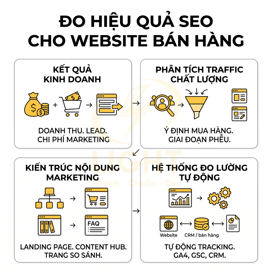 Quy trình đo hiệu quả SEO cho website bán hàng với kết quả kinh doanh, phân tích traffic, nội dung và hệ thống đo lường tự động