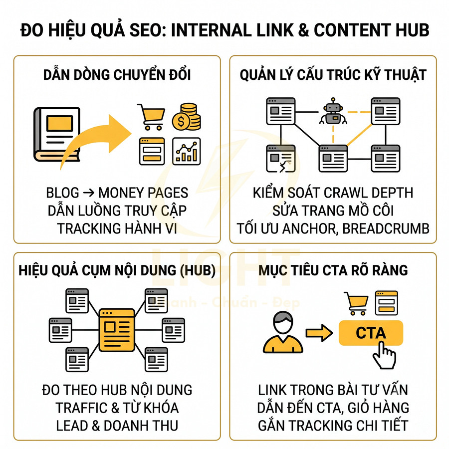 Minh họa đo hiệu quả SEO với internal link và content hub, tối ưu chuyển đổi, cấu trúc kỹ thuật và CTA rõ ràng