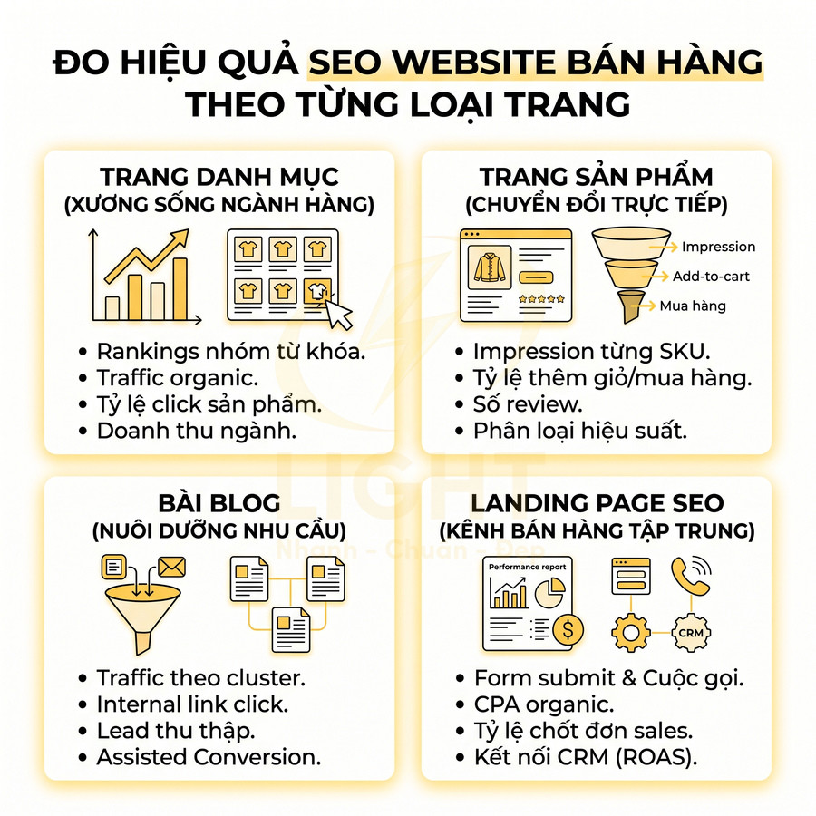 Infographic đo hiệu quả SEO website bán hàng cho trang danh mục, trang sản phẩm, bài blog và landing page SEO