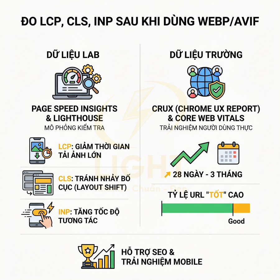 Infographic đo LCP CLS INP sau khi dùng WebP AVIF với PageSpeed Insights Lighthouse và Chrome UX Report hỗ trợ SEO