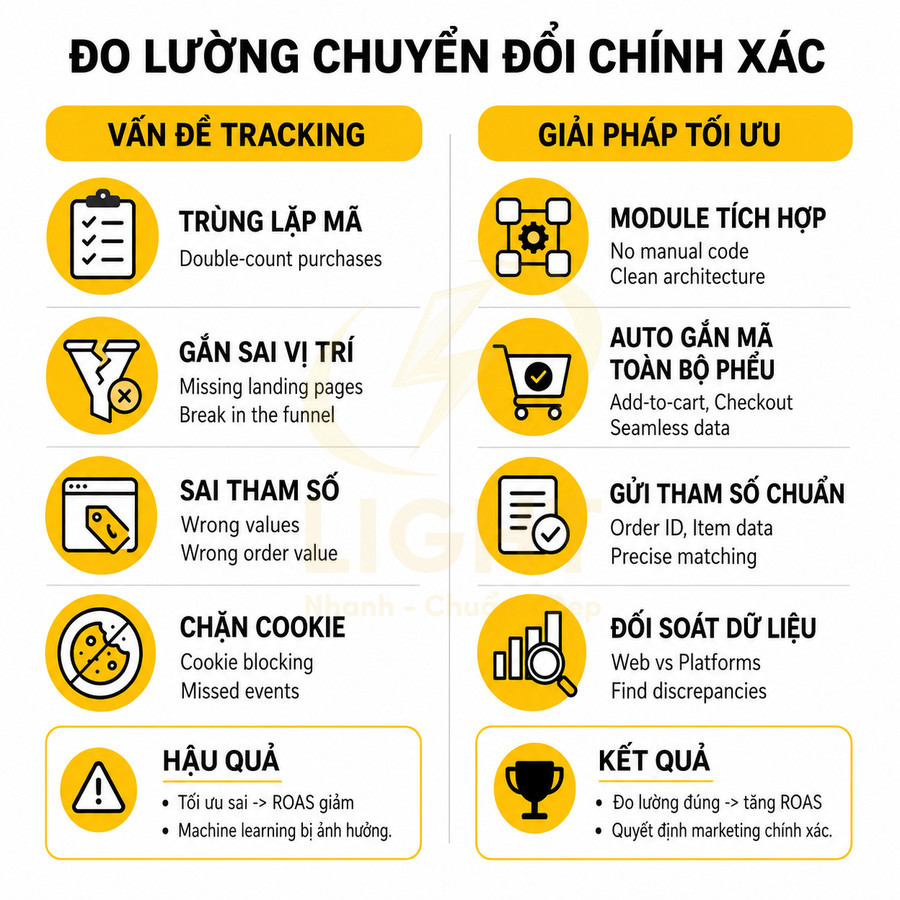 Bảng so sánh vấn đề tracking và giải pháp tối ưu để đo lường chuyển đổi chính xác trong marketing digital