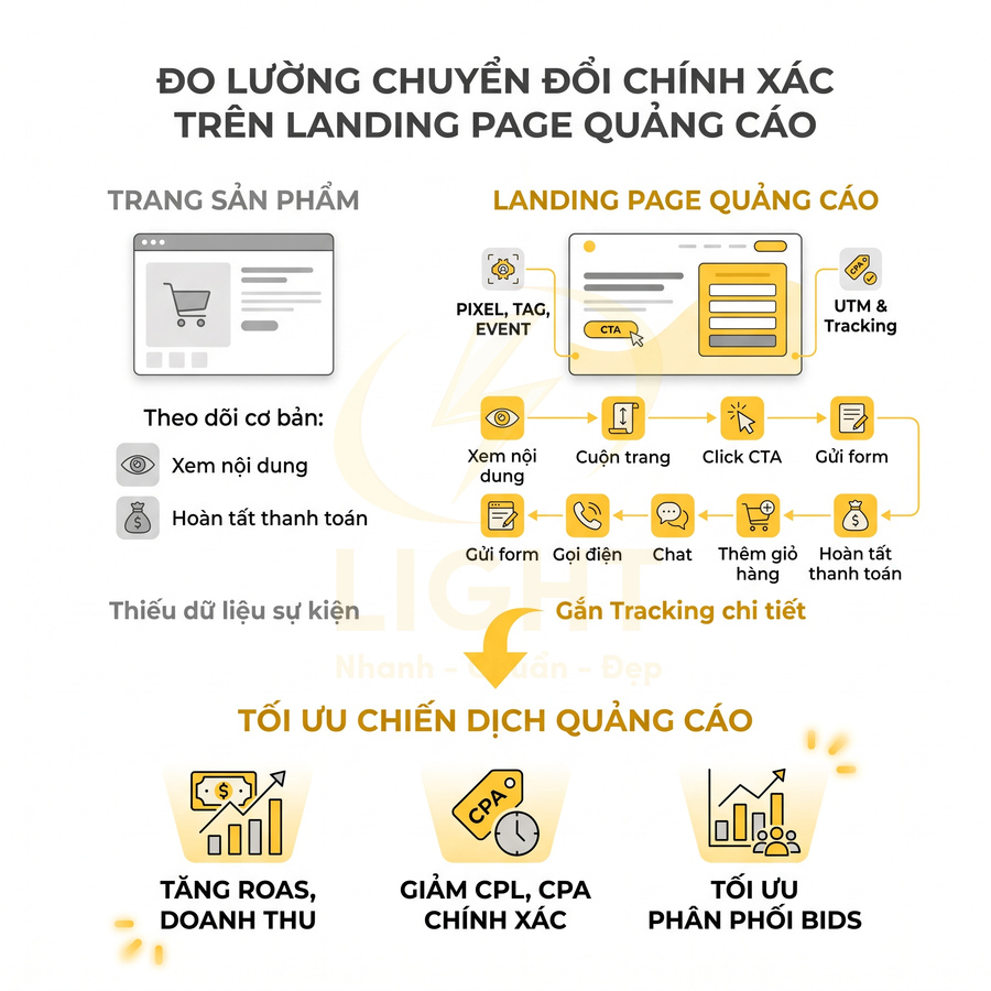 Infographic đo lường chuyển đổi landing page quảng cáo để tối ưu chiến dịch và tăng doanh thu marketing