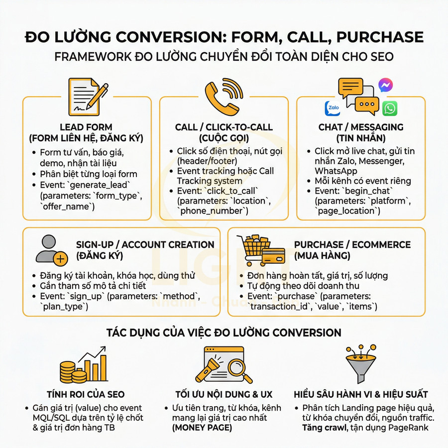 Infographic framework đo lường conversion form call purchase và tác dụng cho chiến lược SEO