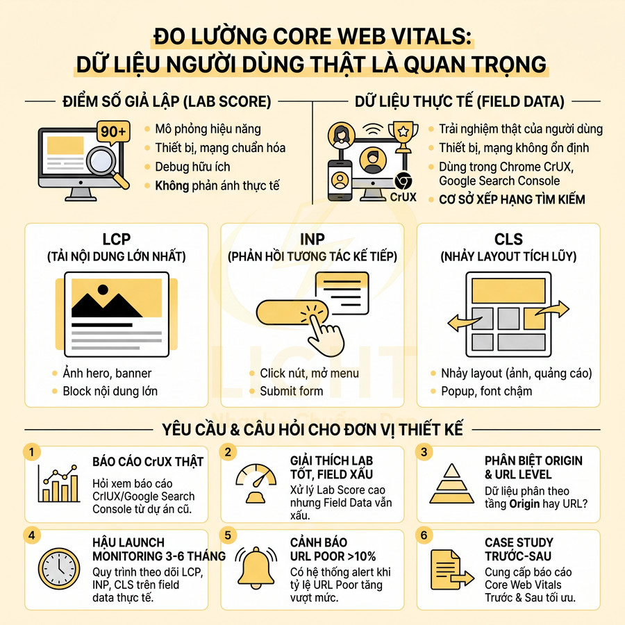 Infographic giải thích đo lường Core Web Vitals LCP INP CLS và tầm quan trọng dữ liệu người dùng thật trong SEO