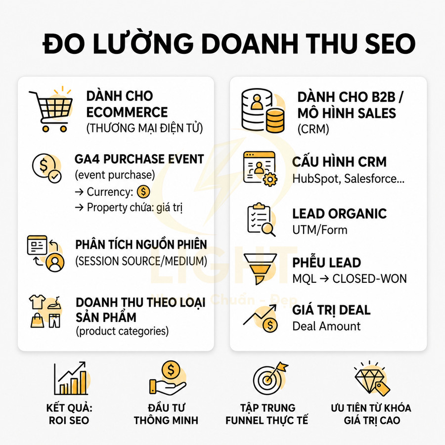 Hướng dẫn đo lường doanh thu SEO cho ecommerce và B2B bằng GA4, CRM, phân tích nguồn phiên và phễu lead