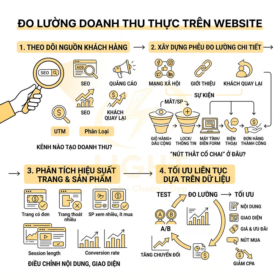 Quy trình đo lường doanh thu thực trên website với các bước theo dõi khách hàng, phân tích hiệu suất và tối ưu chuyển đổi
