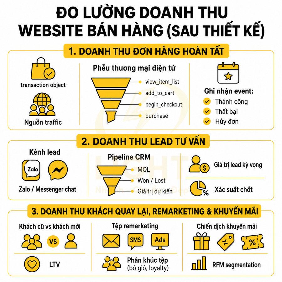 Infographic đo lường doanh thu website bán hàng với đơn hàng hoàn tất, lead tư vấn và khách quay lại remarketing