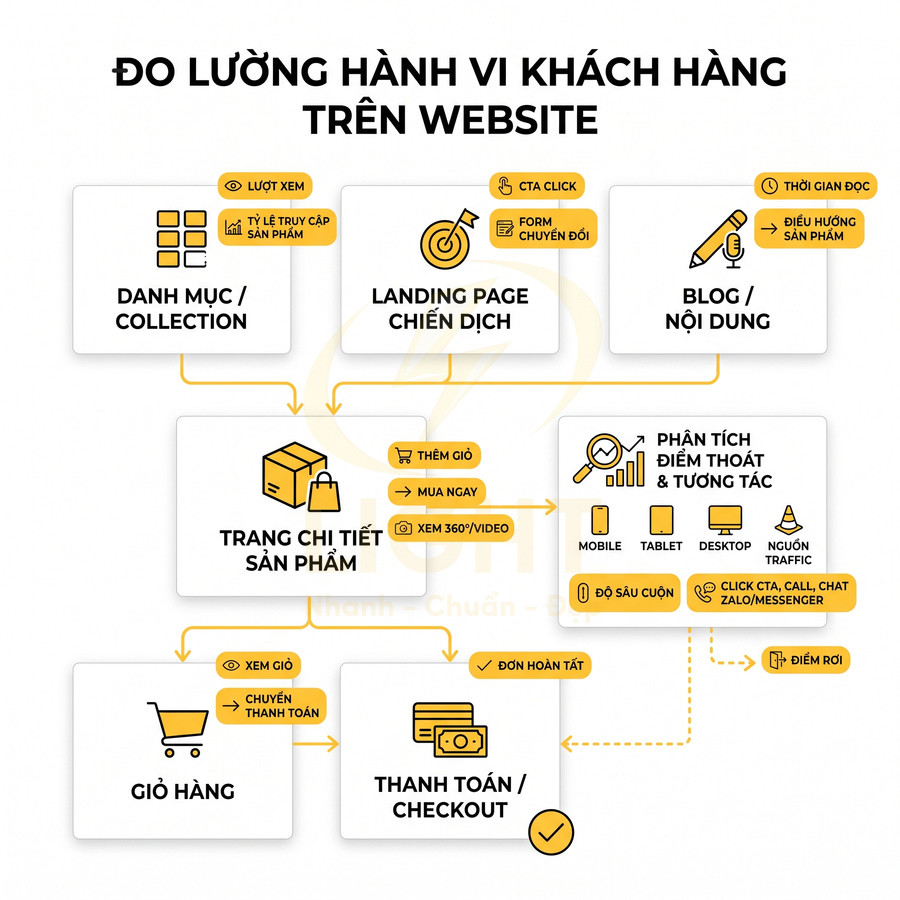 Sơ đồ đo lường hành vi khách hàng trên website từ danh mục sản phẩm đến thanh toán và phân tích tương tác