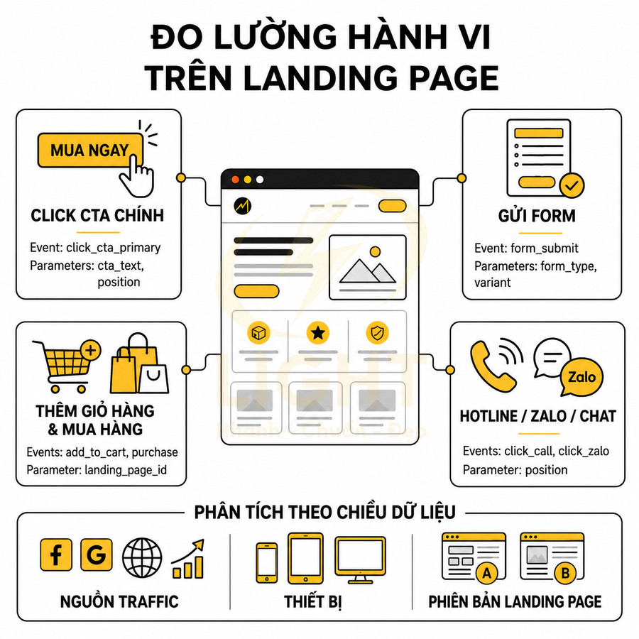 Infographic đo lường hành vi người dùng trên landing page với các sự kiện click CTA, gửi form, thêm giỏ hàng, hotline Zalo