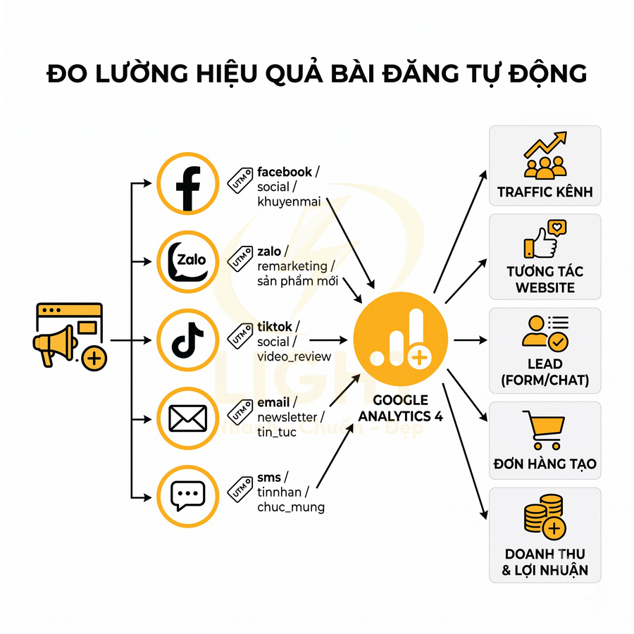 Sơ đồ đo lường hiệu quả bài đăng tự động qua Google Analytics 4 từ Facebook Zalo TikTok email SMS