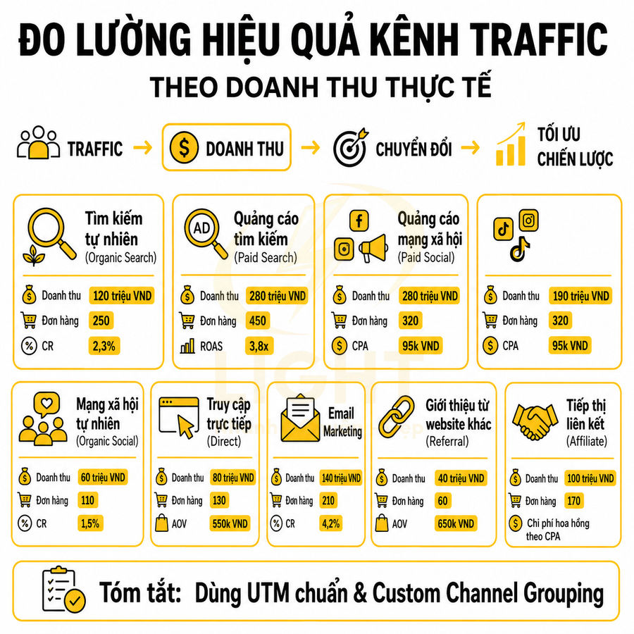 Infographic đo lường hiệu quả các kênh traffic theo doanh thu thực tế và chỉ số chuyển đổi marketing