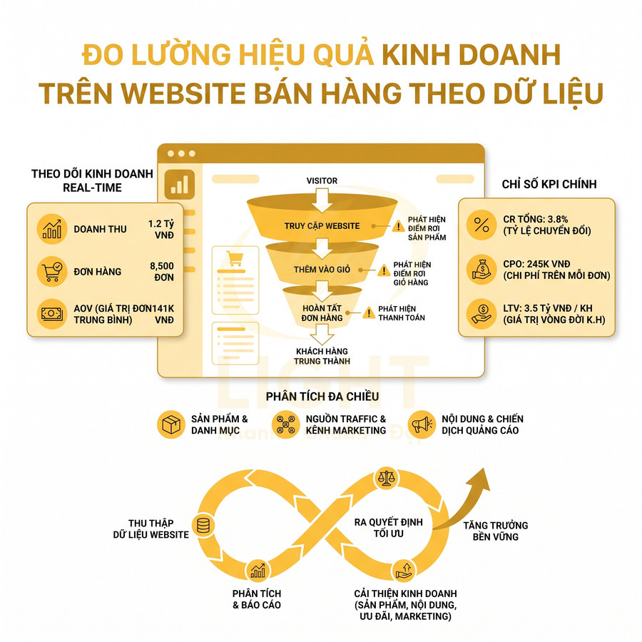 Mô hình đo lường hiệu quả kinh doanh website bán hàng theo dữ liệu với phễu chuyển đổi và chỉ số KPI chính