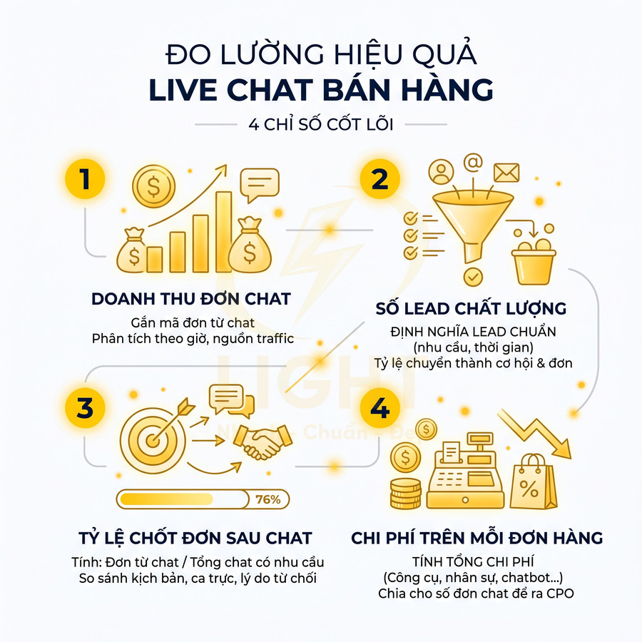Infographic 4 chỉ số đo lường hiệu quả live chat bán hàng gồm doanh thu, lead chất lượng, tỷ lệ chốt đơn và chi phí đơn hàng