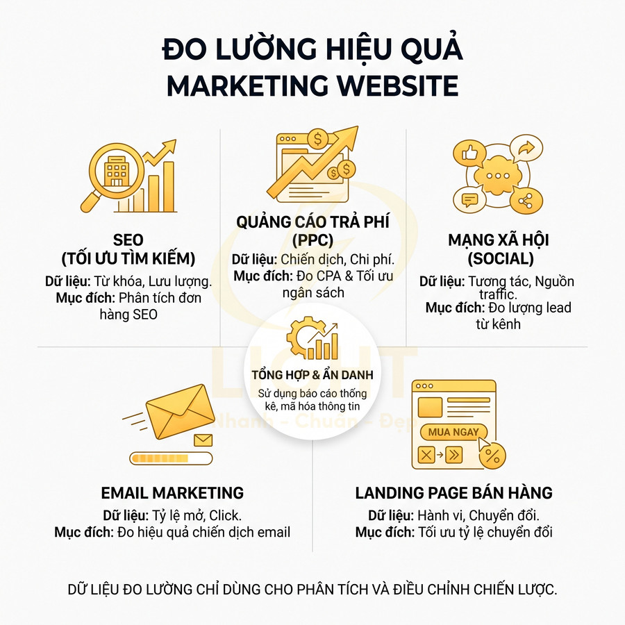Infographic các chỉ số đo lường hiệu quả marketing website gồm SEO, PPC, mạng xã hội, email và landing page
